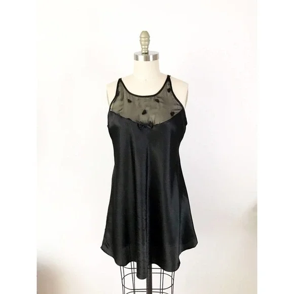 Black Mesh‎ Slip Dress with Bow Heart Print Satin - Picture 3 of 8